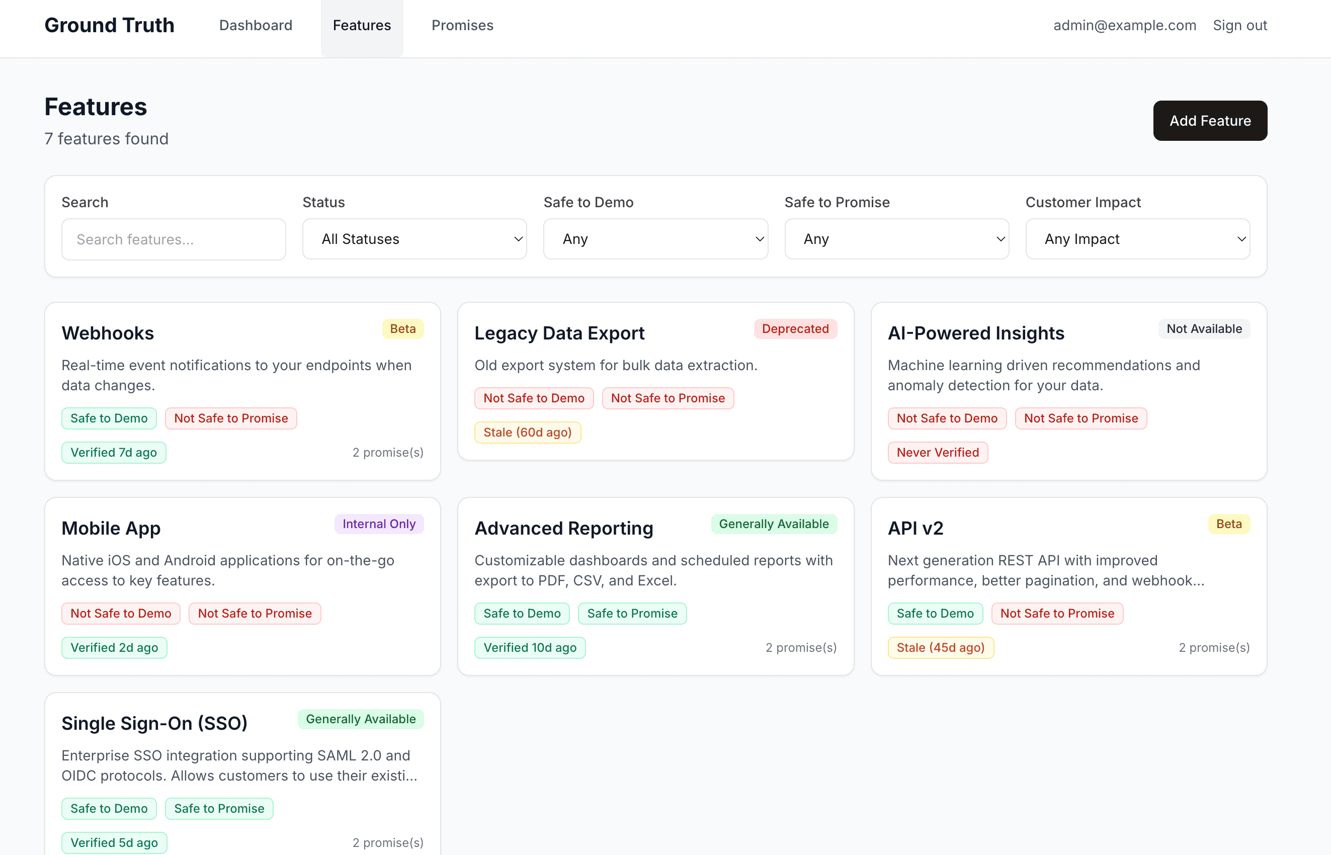 Feature list showing safe to demo and safe to promise indicators