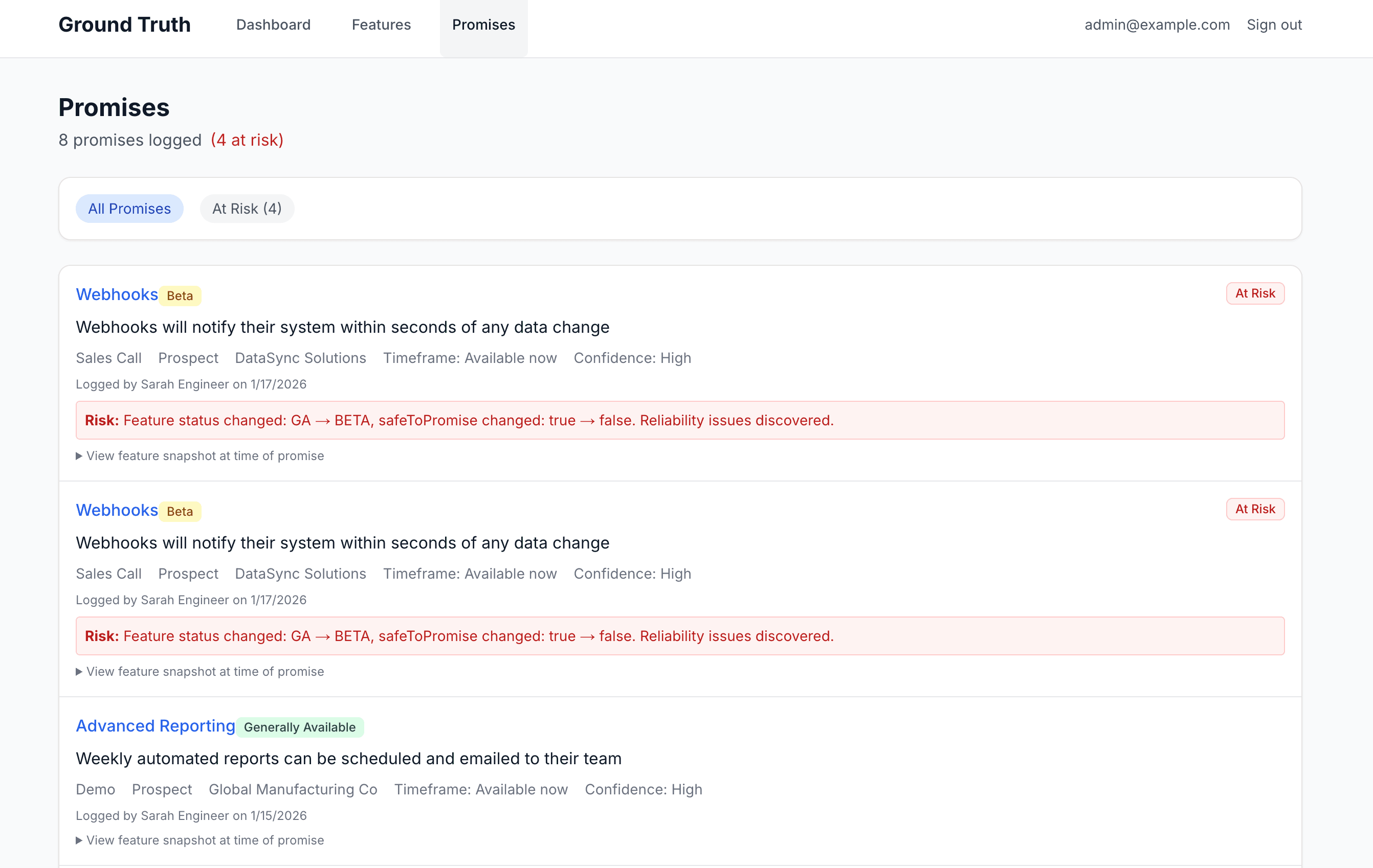 Promise tracking showing customer commitments and risk alerts